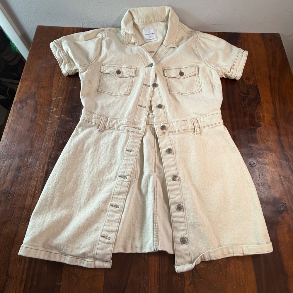 Celebrity Pink Womens XL Natural Denim Shirt Dress Button Front Puff Sleeve Mini